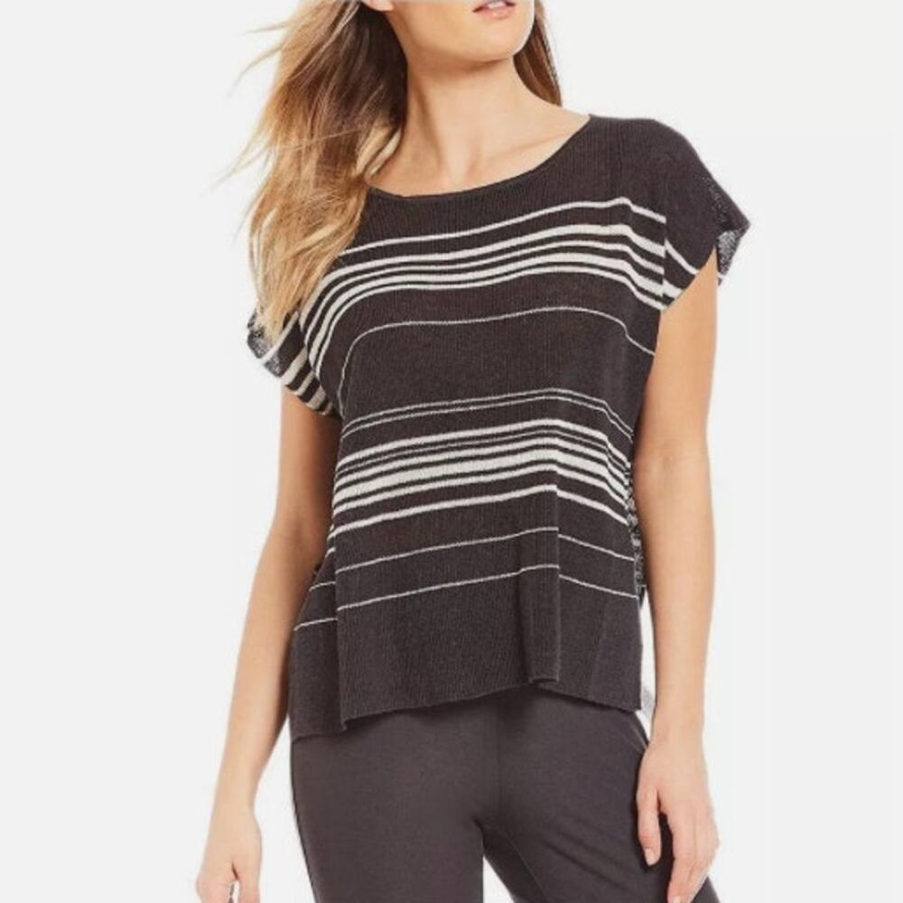 Eileen Fisher striped linen poncho sweater, womens large gray ivory organic knit